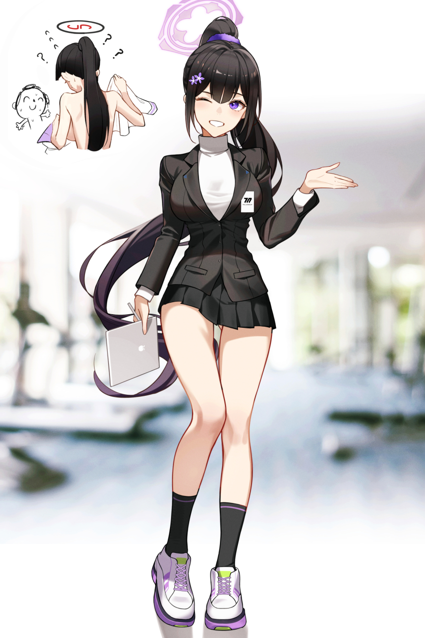 1boy, 2girls, ?, absurdres, alternate_costume, black_coat, black_hair, black_halo