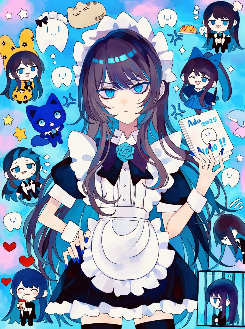 1girl, :3, ado_(utaite), ado_box, adorozatorumary, anger_vein, apron, black_dress, black_hair, black_thighhighs, blue_eyes, blue_hair, blue_nails, bubble_tea, chando_(ado), chef_hat, chibi, chinese_commentary, closed_mouth, colored_inner_hair, commentary_request, dmyfish, dress, food, ha-chan_(ado), hat, heart, highres, long_hair, maid, maid_headdress, multicolored_hair, nail_polish, omelet, omurice, puffy_short_sleeves, puffy_sleeves, sanrio, short_sleeves, star_(symbol), sweat, sweatdrop, thighhighs, white_apron, zettai_ryouiki