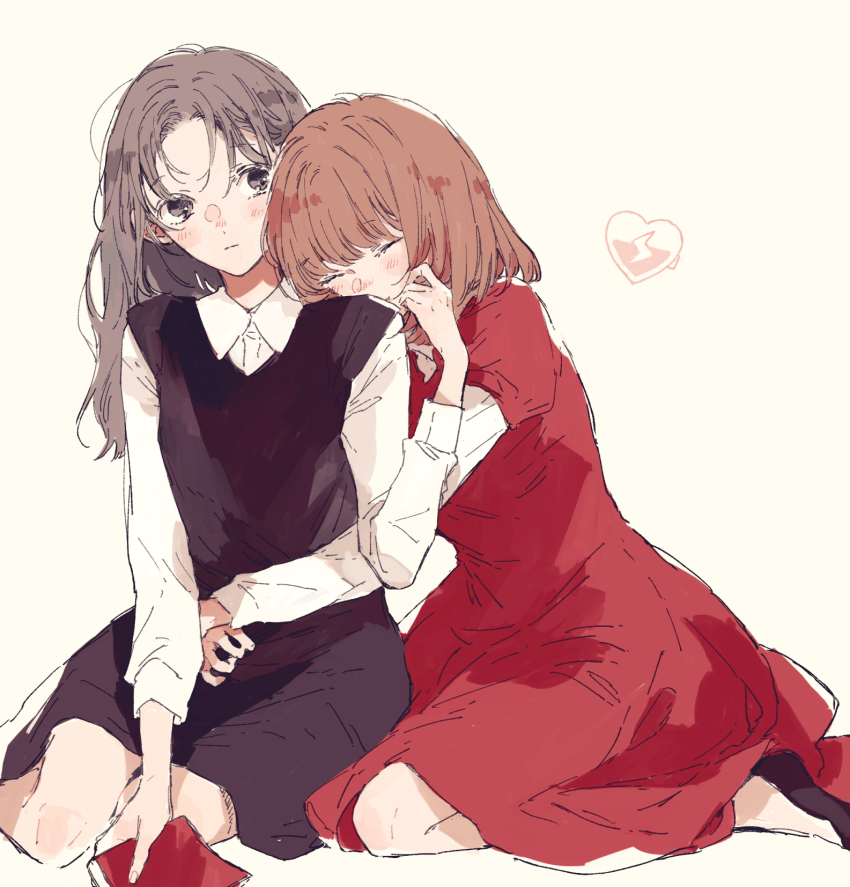 2girls, ^_^, black_hair, blush, book, closed_eyes, dress, heart