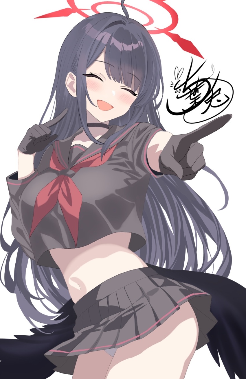 +++, 1girl, :d, ^_^, ahoge, black_choker, black_gloves, black_hair