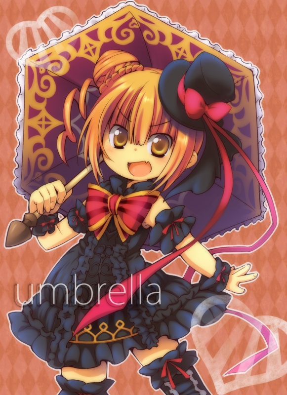 black_dress, black_hat, black_thighhighs, brown_hair, character_name, dress, emil_chronicle_online, frilled_dress