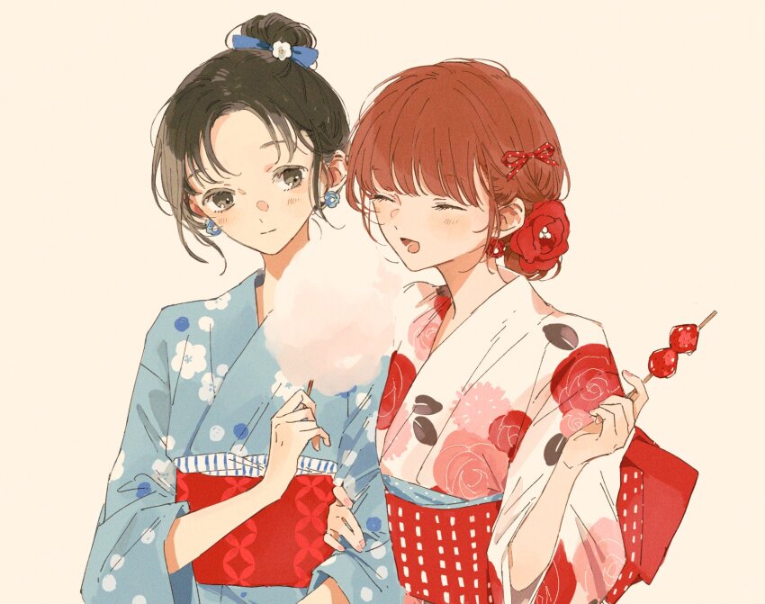 2girls, ^_^, black_hair, closed_eyes, earrings, food, grabbing_another's_arm, highres