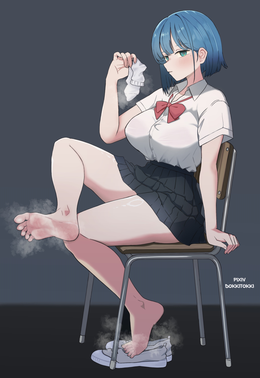 1girl, absurdres, barefoot, blue_eyes, blue_hair, blush, chair, dokkitokki