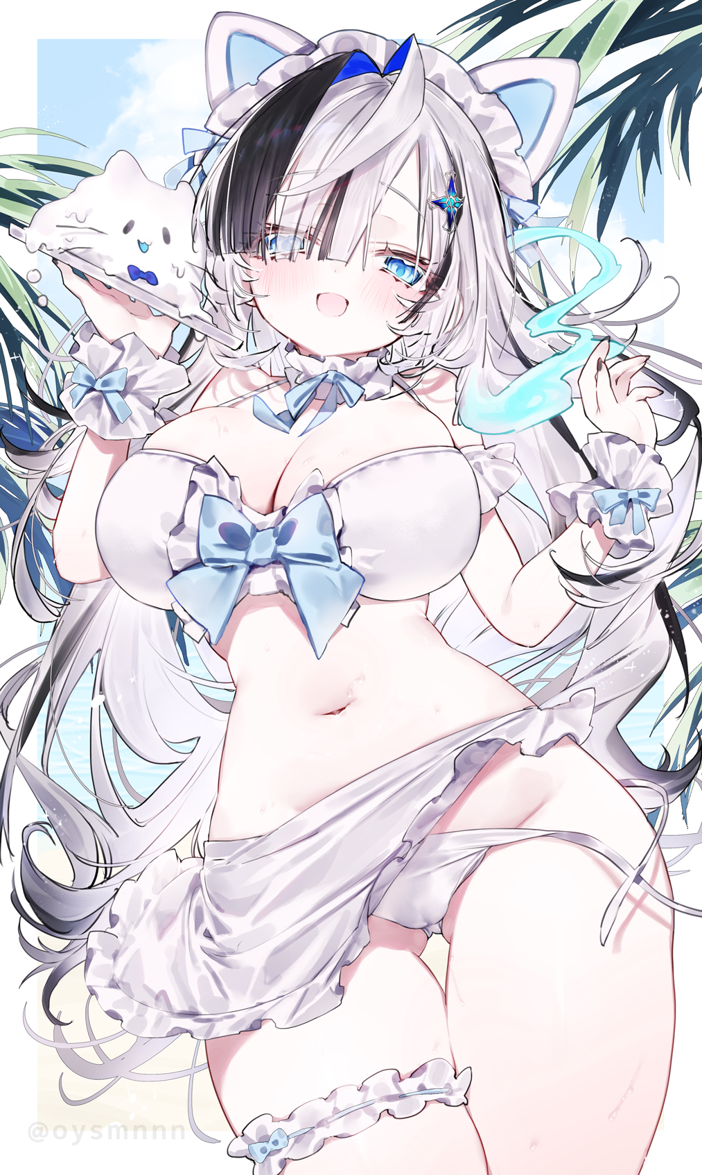 1girl, :d, animal_ears, apron, bikini, black_hair, blue_bow, blue_eyes