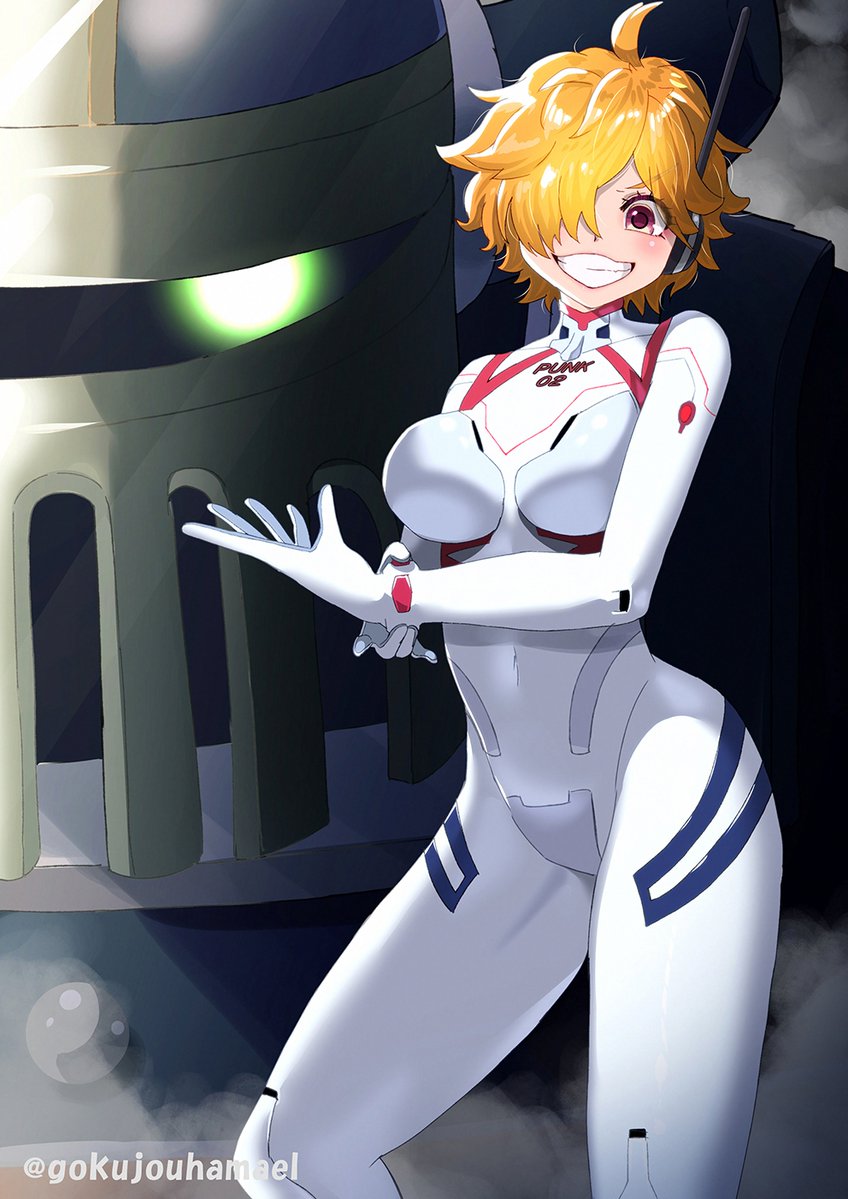 1girl, bodysuit, breasts, cosplay, covered_navel, curvy, emet_(one_piece), evangelion:_3.0+1.0_thrice_upon_a_time, feet_out_of_frame, gloves, glowing, glowing_eyes, gokujouhamael, grin, hair_over_one_eye, large_breasts, looking_at_viewer, mecha, mecha_pilot_suit, naughty_face, neon_genesis_evangelion, one_piece, open_clothes, orange_hair, pink_eyes, plugsuit_(evangelion), pun, rebuild_of_evangelion, robot, shiny_clothes, smile, souryuu_asuka_langley, souryuu_asuka_langley_(cosplay), trait_connection, vegapunk_lilith, wide_hips