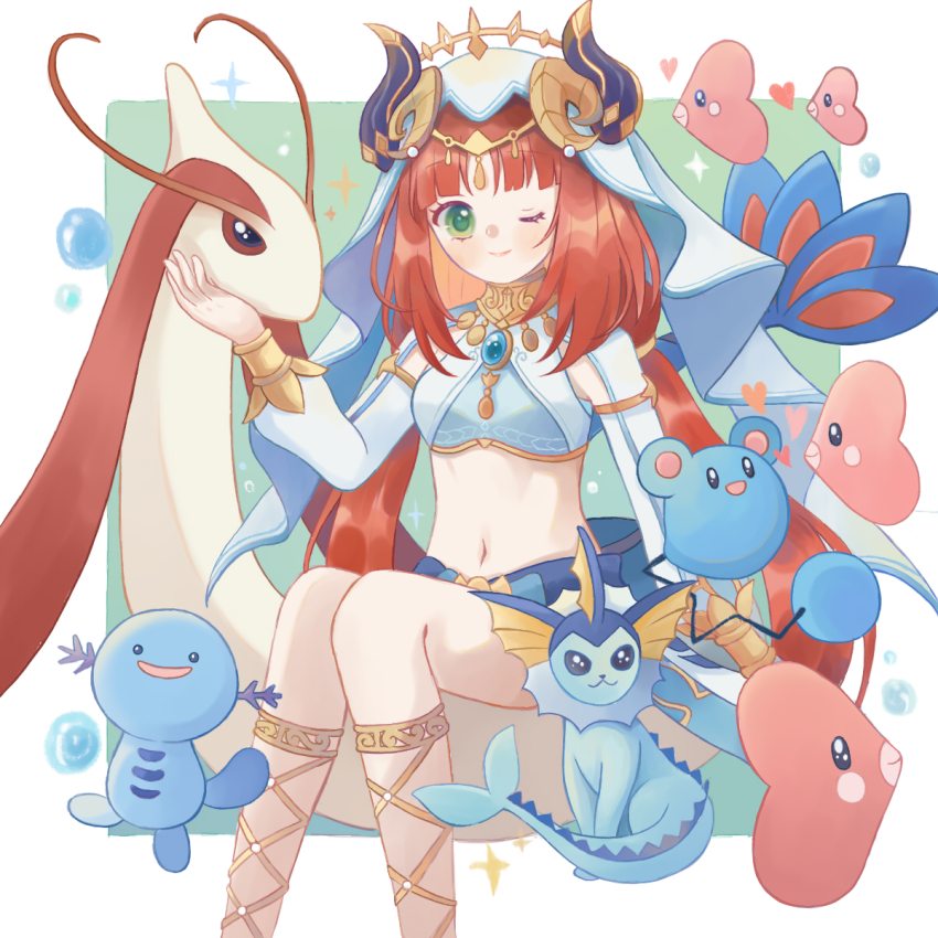 1girl, arri_(arrihare), azurill, bracer, brooch, circlet, dancer, fake_horns, feet_out_of_frame, gen_1_pokemon, gen_2_pokemon, gen_3_pokemon, genshin_impact, gladiator_sandals, gold_bracer, green_eyes, harem_outfit, highres, horns, jewelry, long_hair, long_sleeves, low_twintails, luvdisc, midriff, milotic, navel, nilou_(genshin_impact), nintendo, one_eye_closed, parted_bangs, pokemon, pokemon_(creature), red_hair, sandals, sidelocks, sitting, twintails, vaporeon, veil, white_veil, wooper