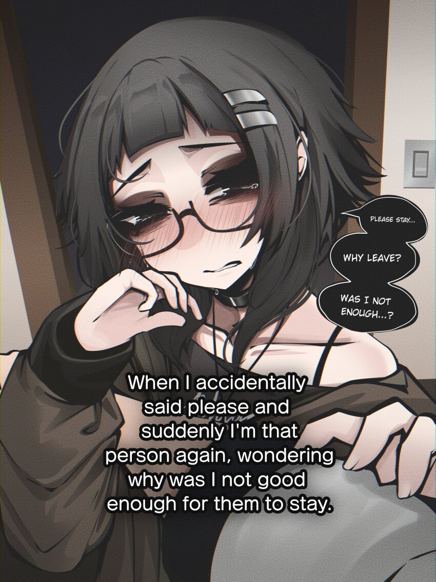 1girl, 1other, absurdres, arched_bangs, black-framed_eyewear, black_choker, black_eyes, black_hair