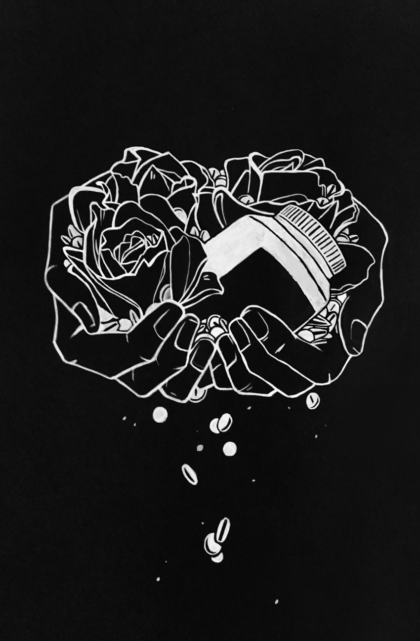 black_background, black_flower, black_rose, bottle, cellar_art, color_contrast, cupping_hands, dropping