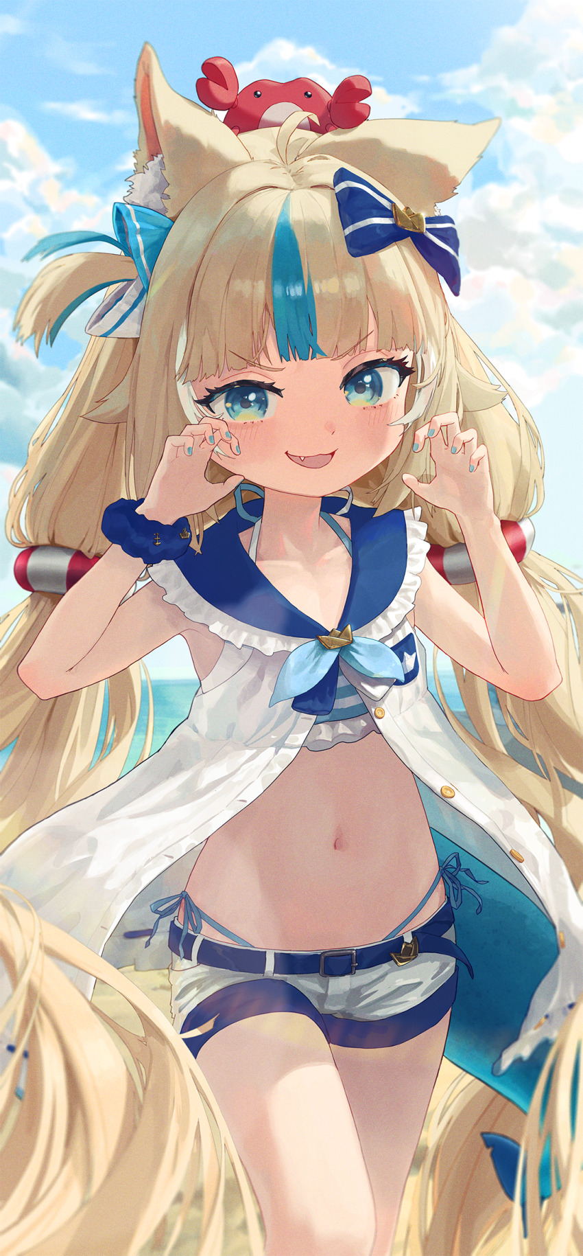 1girl, ahoge, animal_ear_fluff, animal_ears, bikini, blonde_hair, blue_bow, blue_eyes