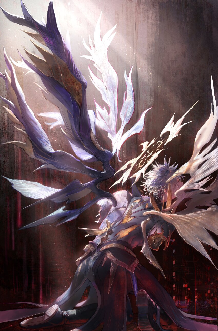 1boy, absurdres, alternate_form, aonon_040, asymmetrical_wings, black_shirt, black_wings, blonde_hair