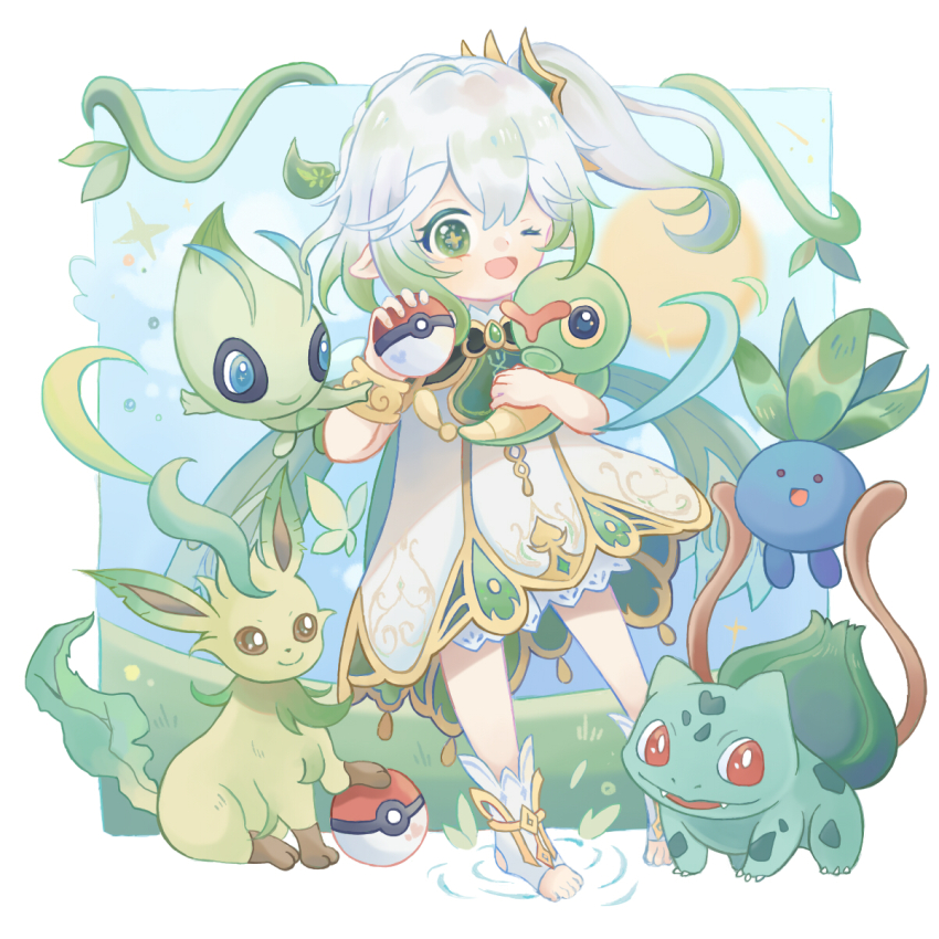 1girl, arri_(arrihare), asymmetrical_sidelocks, bloomers, bracer, bulbasaur, cape, caterpie, celebi, dress, gen_1_pokemon, gen_2_pokemon, gen_4_pokemon, genshin_impact, gold_bracer, gradient_hair, green_cape, green_eyes, hair_between_eyes, hair_ornament, highres, holding, holding_poke_ball, holding_pokemon, leaf_hair_ornament, leafeon, legendary_pokemon, long_hair, multicolored_hair, mythical_pokemon, nahida_(genshin_impact), nintendo, oddish, one_eye_closed, open-toe_shoes, pointy_ears, poke_ball, pokemon, pokemon_(creature), ripples, side_ponytail, sidelocks, sleeveless, stirrup_footwear, symbol-shaped_pupils, underwear, white_bloomers, white_dress