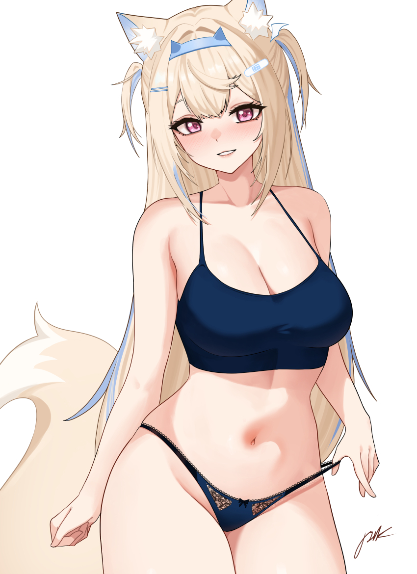 1girl, absurdres, animal_ears, bandaid, bandaid_hair_ornament, blonde_hair, blue_camisole, blue_hair