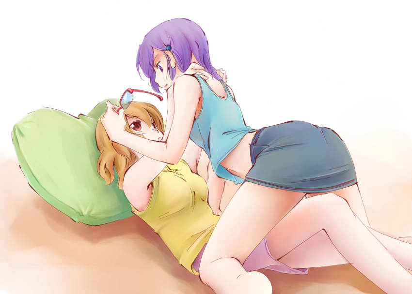 10s, 2girls, bare_shoulders, brown_eyes, brown_hair, casual, unworn_eyewear, girl_on_top, glasses, hands_on_shoulders, jason_(kaiten_kussaku_kikou), kaname_junko, lying, mahou_shoujo_madoka_magica, mahou_shoujo_madoka_magica_(anime), multiple_girls, navel, on_back, pillow, purple_eyes, purple_hair, saotome_kazuko, short_hair, skirt, straddling, yuri