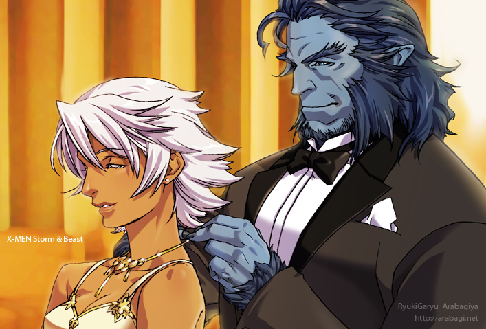 10s, 1boy, 1girl, ^_^, animification, beast_(x-men), blue_hair, blue_skin, breasts, cleavage, closed_eyes, colored_eyelashes, colored_skin, couple, dark_skin, dress, fur, jewelry, marvel, necklace, pointy_ears, ryuuki_garyuu, short_hair, sideburns, smile, storm_(x-men), white_hair, x-men, x-men_(2000), x-men_film_series