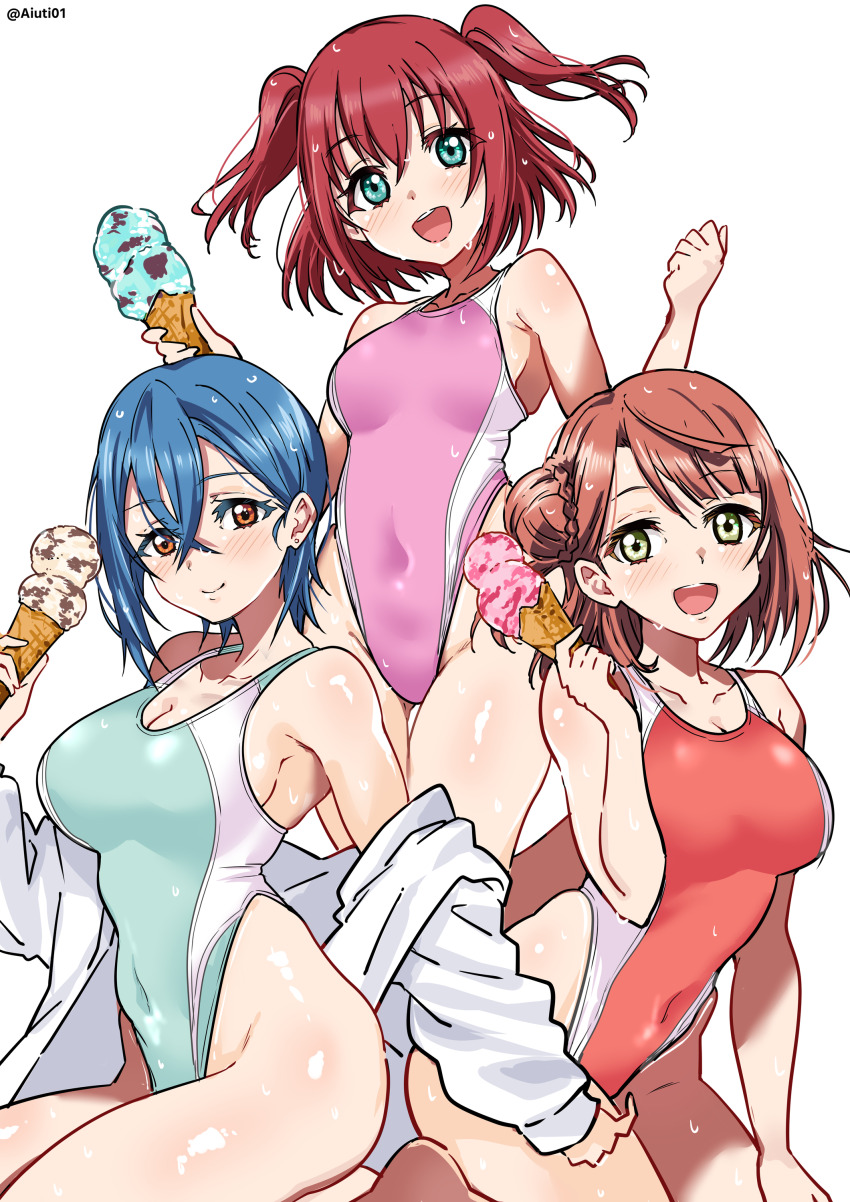 3girls, absurdres, ai_scream!_(love_live!), aiscream_(love_live!), aiuti, aqua_eyes, blue_hair, blue_one-piece_swimsuit, brown_eyes, competition_swimsuit, covered_navel, food, green_eyes, hair_bun, highleg, highleg_one-piece_swimsuit, highres, ice_cream, jacket, kurosawa_ruby, love_live!, love_live!_nijigasaki_high_school_idol_club, love_live!_sunshine!!, love_live!_superstar!!, multiple_girls, one-piece_swimsuit, open_mouth, pink_one-piece_swimsuit, red_hair, red_one-piece_swimsuit, round_teeth, short_hair, simple_background, single_hair_bun, swimsuit, teeth, twitter_username, two-tone_swimsuit, two_side_up, uehara_ayumu, upper_teeth_only, w_arms, wakana_shiki, white_background, white_jacket
