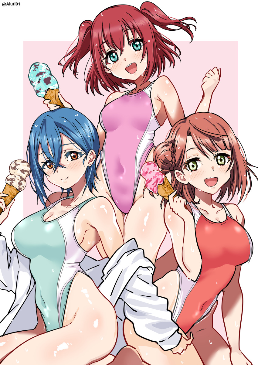 3girls, absurdres, ai_scream!_(love_live!), aiscream_(love_live!), aiuti, aqua_eyes, blue_hair, blue_one-piece_swimsuit, border, brown_eyes, competition_swimsuit, covered_navel, food, green_eyes, hair_bun, highleg, highleg_one-piece_swimsuit, highres, ice_cream, jacket, kurosawa_ruby, love_live!, love_live!_nijigasaki_high_school_idol_club, love_live!_sunshine!!, love_live!_superstar!!, multiple_girls, one-piece_swimsuit, open_mouth, outside_border, pink_background, pink_one-piece_swimsuit, red_hair, red_one-piece_swimsuit, round_teeth, short_hair, single_hair_bun, swimsuit, teeth, two-tone_background, two-tone_swimsuit, two_side_up, uehara_ayumu, upper_teeth_only, w_arms, wakana_shiki, white_border, white_jacket