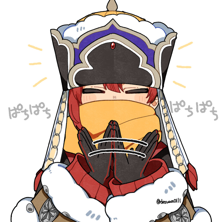 1boy, blush, clapping, closed_eyes, commentary_request, covering_own_mouth, cuilang_(rune_factory), facing_viewer, gloves, hair_between_eyes, hat, highres, long_sleeves, male_focus, mongolian_clothes, one_eye_closed, orange_scarf, red_hair, rune_factory, rune_factory:_guardians_of_azuma, scarf, simple_background, solo, sound_effects, translation_request, twitter_username, upper_body, usako_(usako1031), white_background