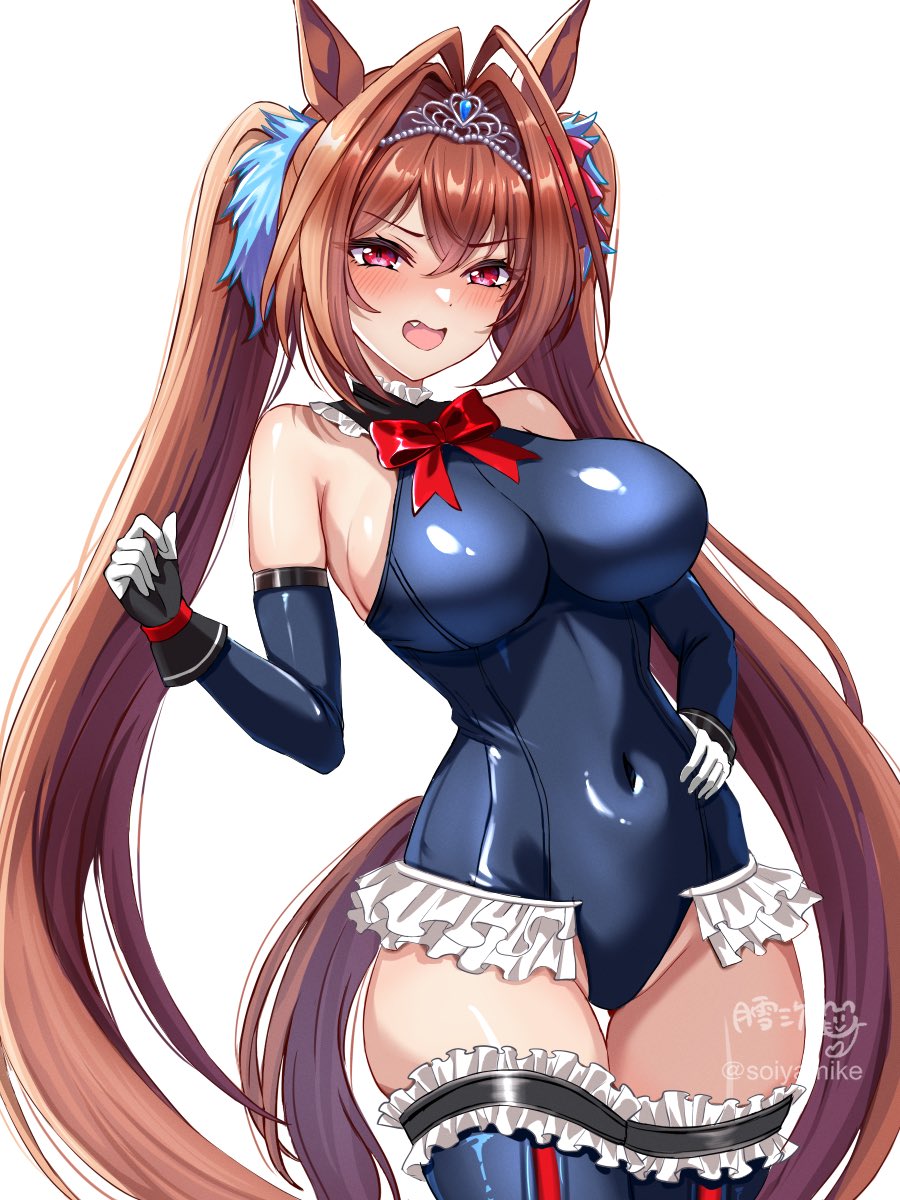 1girl, alternate_costume, animal_ears, antenna_hair, bare_shoulders, blue_gloves, blue_leotard, blue_thighhighs, blush, bow, breasts, clenched_hand, commentary_request, cosplay, cowboy_shot, daiwa_scarlet_(umamusume), dead_or_alive, elbow_gloves, fang, frilled_leotard, frilled_thighhighs, frills, gloves, hair_between_eyes, hair_bow, hair_intakes, hair_ornament, hand_on_own_hip, highleg, highleg_leotard, highres, horse_ears, horse_girl, horse_tail, leotard, long_hair, marie_rose, marie_rose_(cosplay), marie_rose_(devilish_servant_against_the_splashing_waves), mixed-language_commentary, open_mouth, red_bow, red_eyes, red_hair, revision, simple_background, solo, tail, thighhighs, tiara, tsukiyuki_mike, twintails, two-tone_gloves, umamusume, very_long_hair, white_background, white_gloves