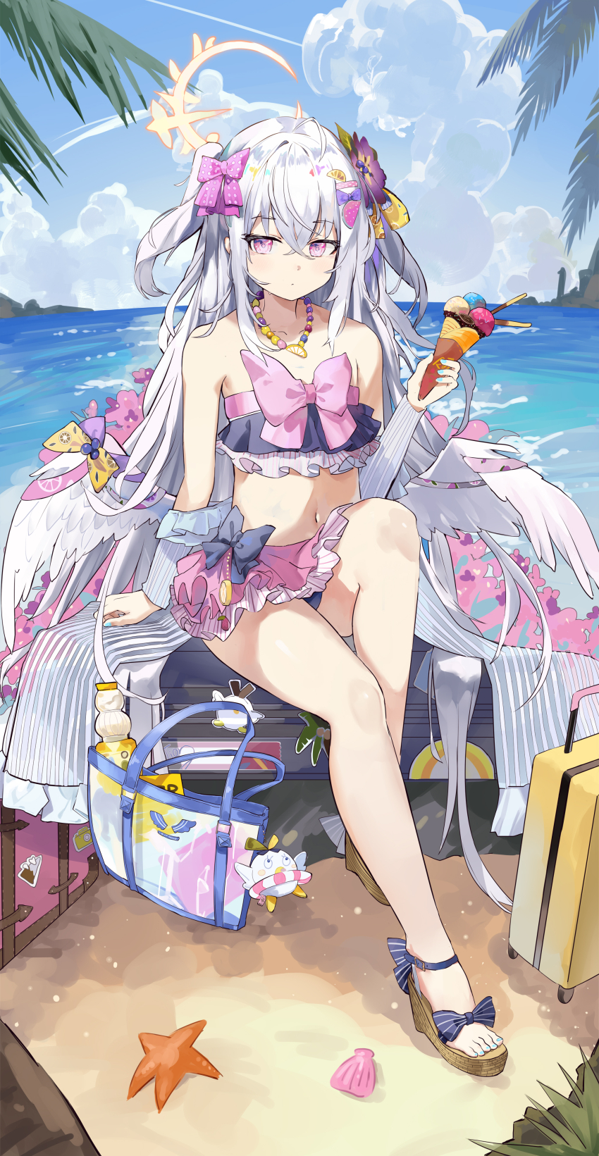 1girl, absurdres, ahoge, angel_wings, azusa_(blue_archive), azusa_(swimsuit)_(blue_archive), bare_shoulders, bikini, bikini_skirt, blue_archive, blue_bow, blue_sky, bow, bow_bikini, bow_on_wing, breasts, closed_mouth, cloud, collarbone, crossed_bangs, day, detached_sleeves, dot_mouth, feathered_wings, flower, food, food-themed_hair_ornament, food-themed_necklace, food_print, frilled_bikini, frilled_sleeves, frills, from_above, fruit_print, full_body, hair_between_eyes, hair_bow, hair_flower, hair_ornament, hairclip, halo, hands_on_own_thighs, highres, holding, holding_food, holding_ice_cream, holding_ice_cream_cone, horizon, ice_cream, ice_cream_cone, jewelry, jsscj, lime_hair_ornament, looking_at_viewer, looking_up, low_wings, multicolored_bikini, multiple_scoops, navel, necklace, official_alternate_costume, orange-shaped_necklace, orange_hair_ornament, orange_print, pink_bikini, pink_bow, pink_ribbon, polka_dot, polka_dot_bow, purple_bikini, purple_bow, purple_eyes, purple_flower, ribbon, seashell, shell, sky, small_breasts, solo, starfish, stomach, striped_bikini, striped_clothes, swimsuit, two-tone_bikini, two_side_up, vertical-striped_bikini, vertical-striped_clothes, watermelon_hair_ornament, white_wings, wings, yellow_bow