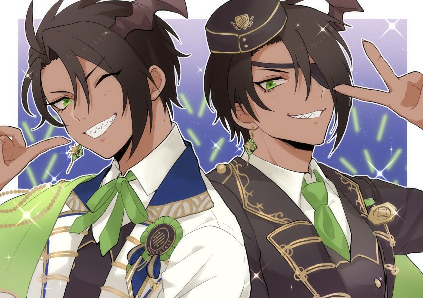 2boys, aragami_oga, asymmetrical_sidelocks, award_ribbon, back-to-back, black_hair, black_hat, black_jacket
