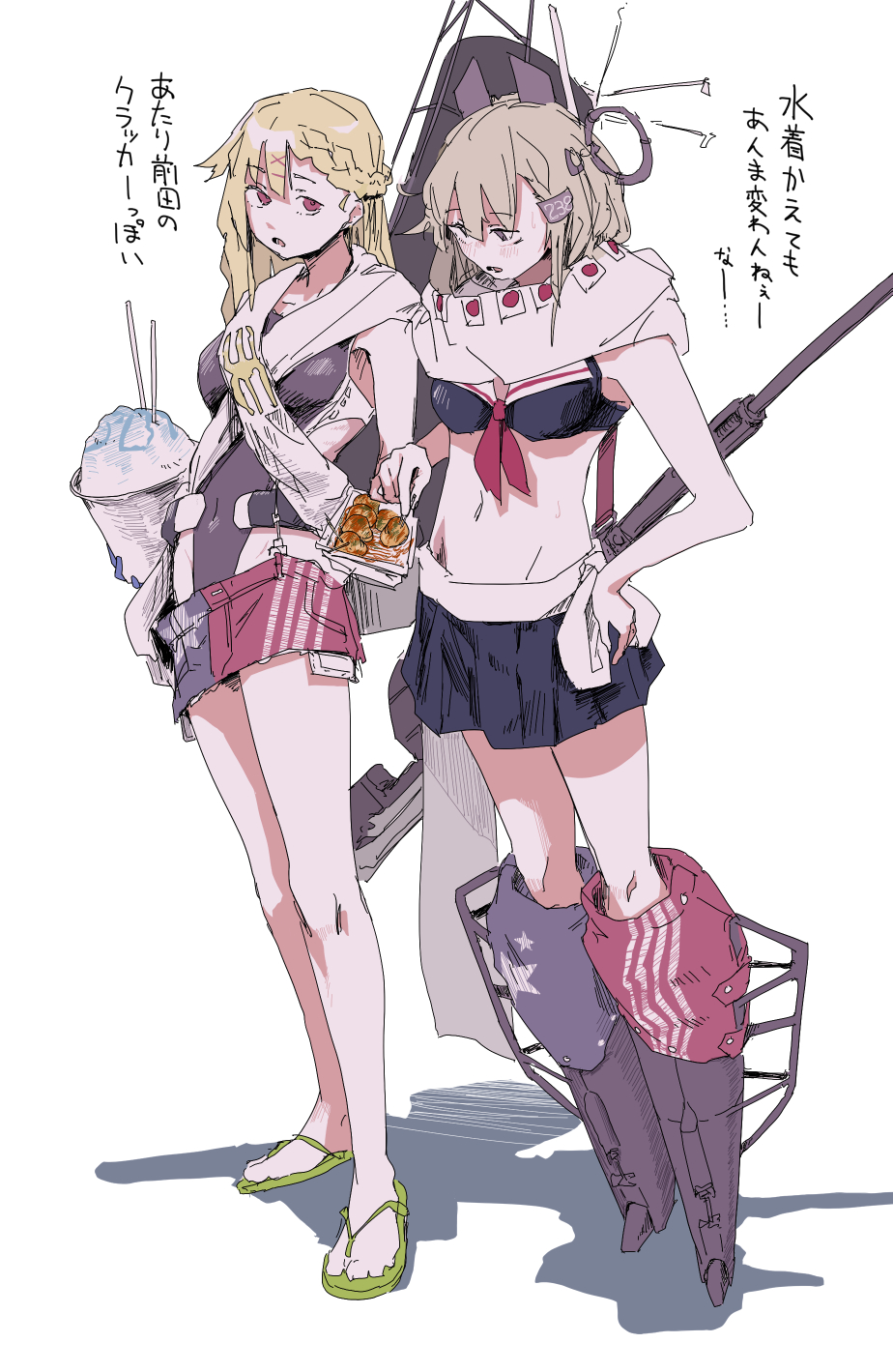 2girls, american_flag, american_flag_print, american_flag_skirt, bikini, bikini_skirt, black_bikini, black_one-piece_swimsuit