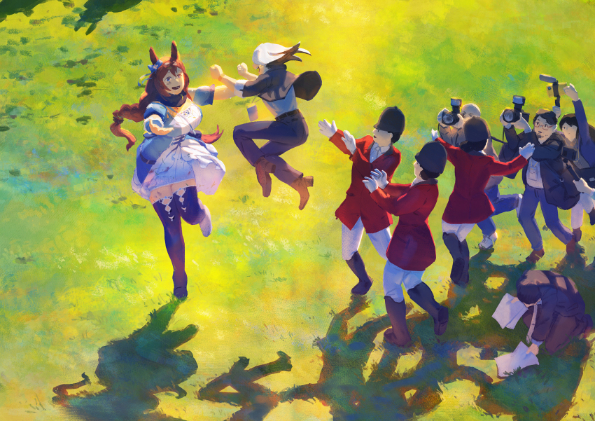 8+boys, animal_ears, blue_eyes, bow, braid, braided_ponytail, brown_hair, commentary