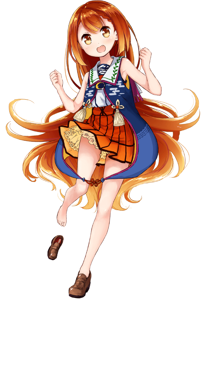 1girl, abe_kanari, brown_shoes, clenched_hands, fang, full_body, hair_between_eyes, highres, long_hair, looking_at_viewer, nagaragawa_kagari, official_art, onsen_musume, open_mouth, orange_hair, orange_skirt, pleated_skirt, shoes, simple_background, single_bare_foot, skirt, solo, tassel, transparent_background, very_long_hair, yellow_eyes