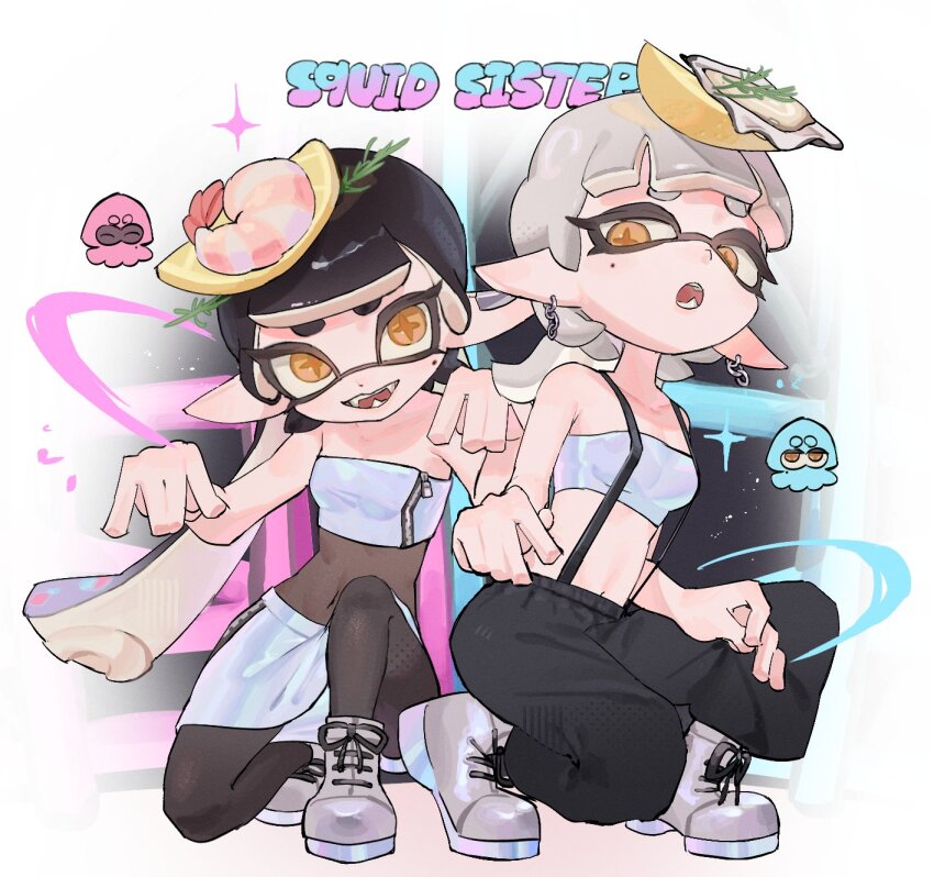 2girls, baggy_pants, black_hair, bodystocking, callie_(splatoon), callie_(summer_nights)_(splatoon), ear_piercing, english_text, fangs, food, fruit, full_body, grey_hair, highres, inkling, inkling_(swim_form), lemon, lemon_slice, looking_at_viewer, mangmengml, marie_(splatoon), marie_(summer_nights)_(splatoon), mole, mole_under_eye, multiple_girls, navel, nintendo, open_mouth, orange_eyes, oyster, pants, piercing, pointy_ears, shoes, shrimp, skirt, smile, sneakers, sparkle, splatoon_(series), splatoon_3, squatting, strapless, suspenders, tentacle_hair, tube_top