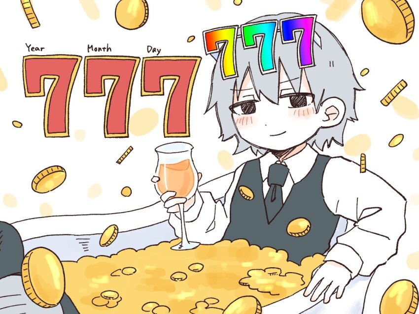 1girl, 777, bathing, black_eyes, black_necktie, black_vest, blush, closed_mouth