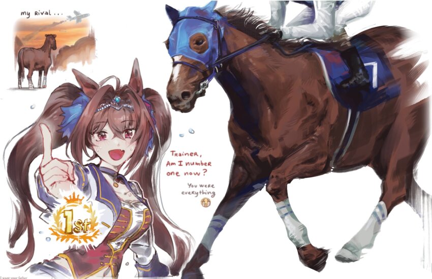 1girl, animal_ears, bridle, choker, creature_and_personification, cropped_torso, crying_emoji, daiwa_scarlet_(racehorse), daiwa_scarlet_(umamusume), emoji, english_text, epaulettes, fang, flying_sweatdrops, framed_breasts, hair_intakes, highres, hiru315, horse_ears, horse_girl, index_finger_raised, jockey, long_hair, personification, real_life, skin_fang, solo, starting_future_(umamusume), tiara, twintails, umamusume, very_long_hair, white_background