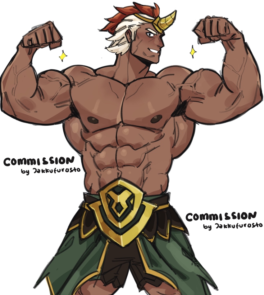 1boy, abs, artist_name, bara, black_shorts, commentary, commission, dark-skinned_male