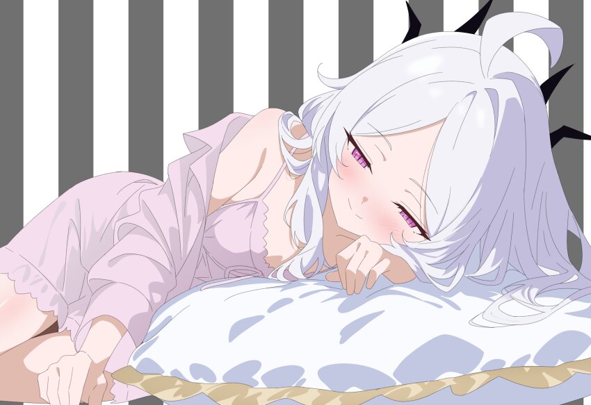 1girl, absurdres, ahoge, bed, bedroom, blue_archive, blush, demon_girl