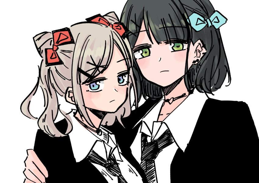 2girls, ayu_(ayu_illustrate), black_hair, black_jacket, black_necktie, blue_bow, blue_eyes, bow