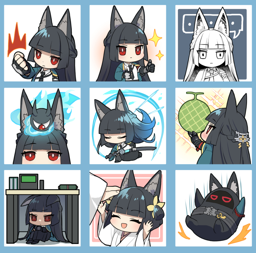 1girl, animal_ear_fluff, animal_ears, aqua_jacket, bangboo_(zenless_zone_zero), black_gloves, black_hair, black_necktie