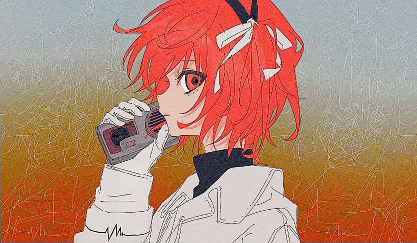 1girl, a.i._voice, a4f9gybaah5219, adachi_rei, black_shirt, cassette_player, closed_mouth, empty_eyes