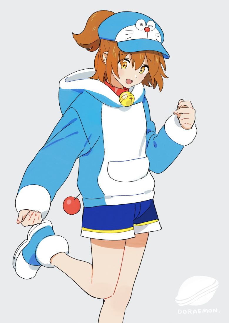 1girl, arle_nadja, arle_nadja_(doraemon), bell, blue_hat, blue_hoodie, blue_shoes, blue_shorts