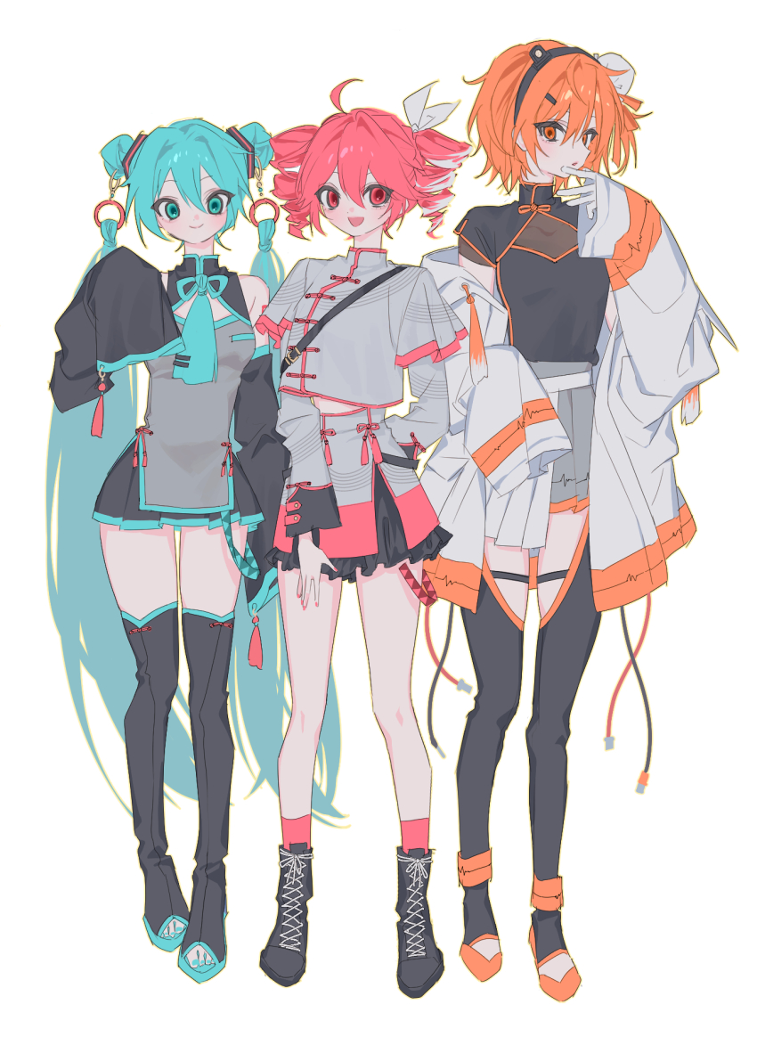 a.i._voice, a4f9gybaah5219, adachi_rei, adapted_costume, ahoge, arm_behind_back, black_boots, black_hairband, black_leggings, black_shirt, black_skirt, blue_eyes, blue_hair, blue_necktie, blush, boots, breasts, chinese_clothes, cleavage_cutout, closed_mouth, clothing_cutout, covered_collarbone, detached_hair, detached_sleeves, drill_hair, full_body, gloves, grey_jacket, grey_shirt, grey_skirt, hairband, hand_on_own_chin, hatsune_miku, highres, jacket, jacket_partially_removed, kasane_teto, kasane_teto_(sv), layered_skirt, leggings, lineup, long_hair, long_sleeves, looking_at_viewer, miniskirt, necktie, one_side_up, open-toe_boots, open_clothes, open_jacket, open_mouth, orange_eyes, orange_hair, parted_lips, pleated_skirt, red_hair, shirt, short_hair, short_sleeves, simple_background, skirt, sleeveless, sleeveless_shirt, sleeves_past_fingers, sleeves_past_wrists, small_breasts, smile, standing, stirrup_legwear, synthesizer_v, tassel, thigh_boots, thigh_cutout, toeless_legwear, twin_drills, twintails, undershirt, utau, very_long_hair, vocaloid, white_background, white_gloves, white_jacket