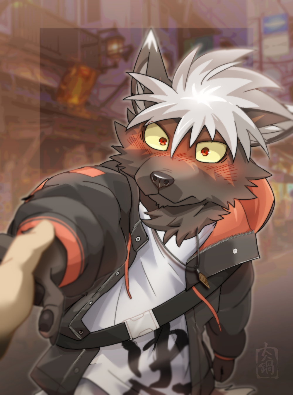 1boy, animal_ears, black_jacket, blush, closed_mouth, commentary_request, dog_boy, dog_ears