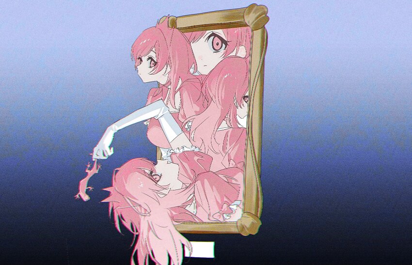 1000-nen_ikiteru_(vocaloid), 4girls, a4f9gybaah5219, animal, arm_up, blue_background, choker, chromatic_aberration