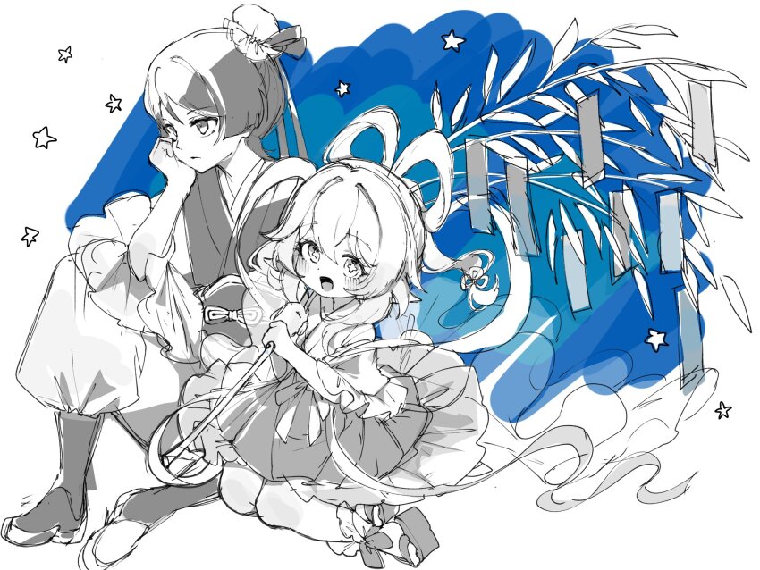 1boy, 1girl, alternate_costume, alternate_hairstyle, bamboo, blunt_ends, blush, boots