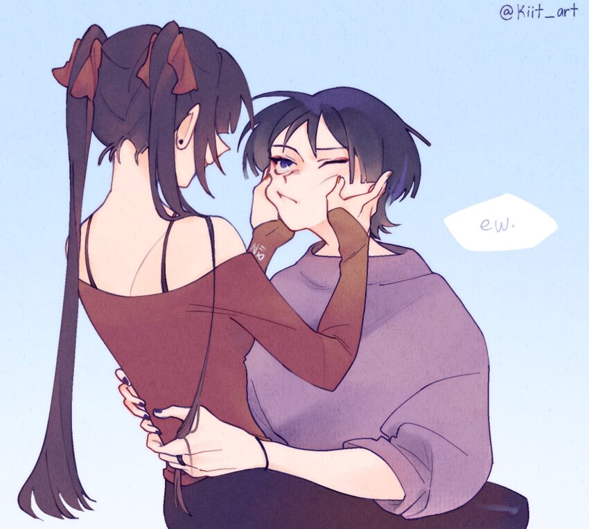 1boy, 1girl, alternate_costume, between_legs, black_hair, black_skirt, blue_background, blunt_bangs