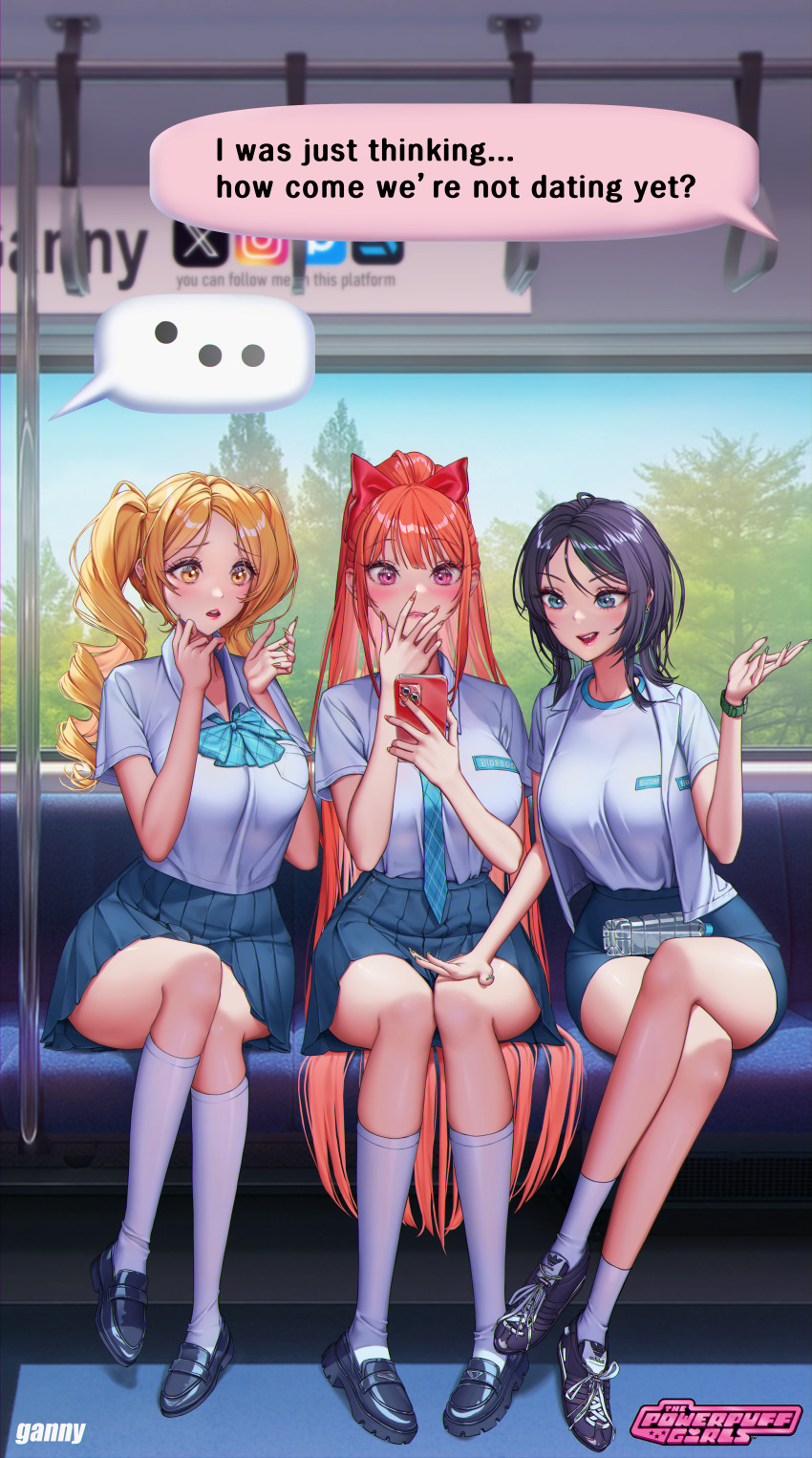 3girls, absurdres, animification, ankle_socks, aqua_eyes, artist_name, black_hair, black_shoes