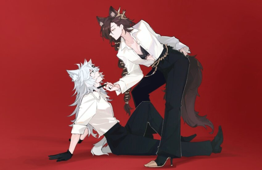 2girls, animal_ear_fluff, animal_ears, arknights, black_bra, black_gloves, black_pants, bra