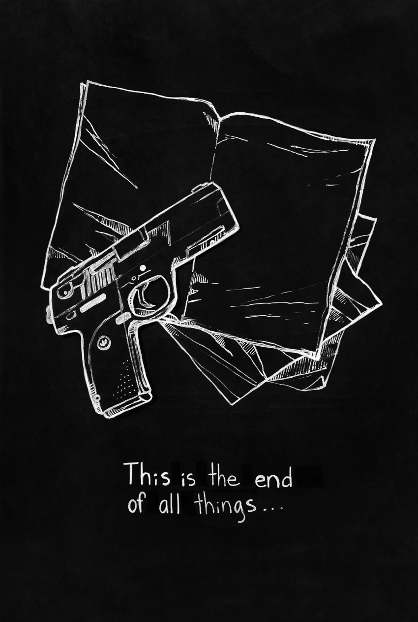 afraid_of_monsters, book, cellar_art, color_contrast, english_text, greyscale, gun, handgun
