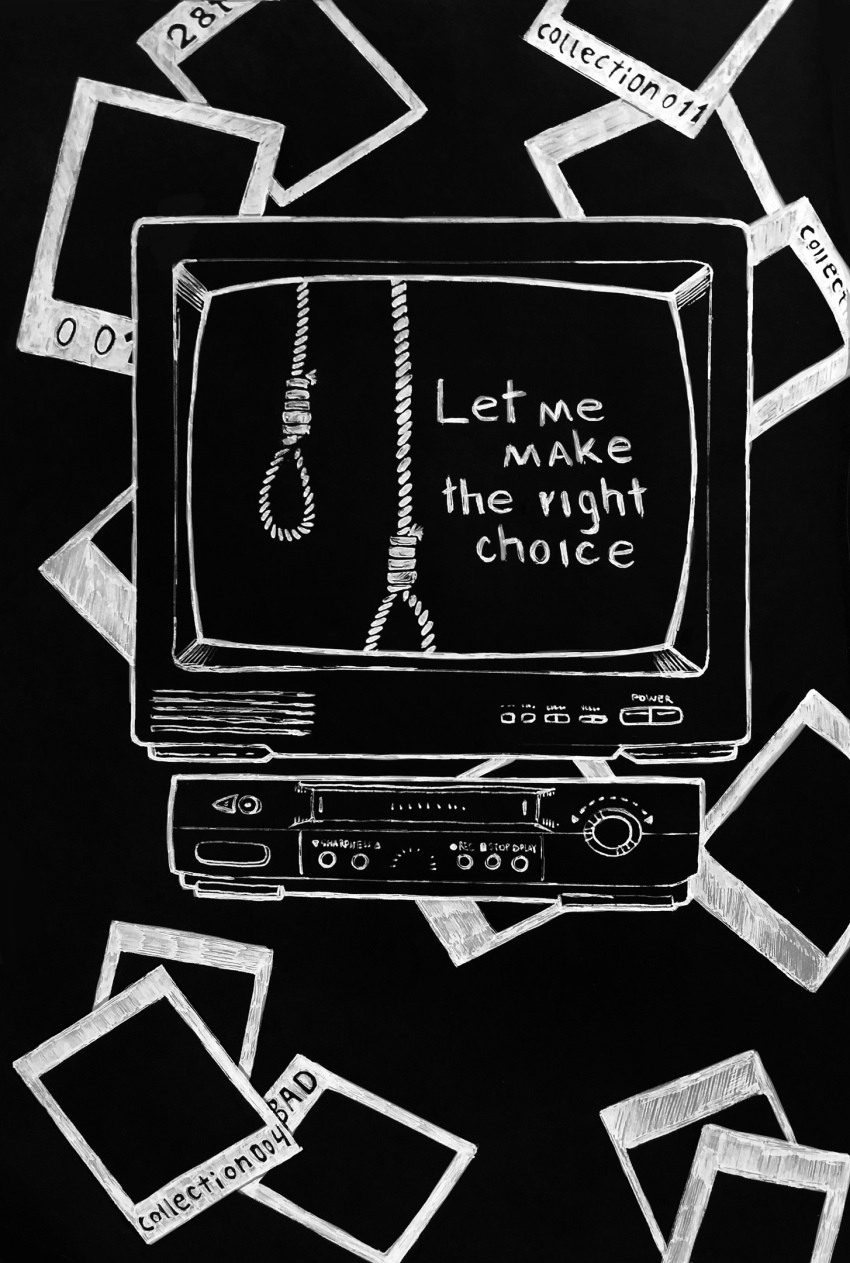 afraid_of_monsters, cellar_art, color_contrast, crt, dvd_player, english_text, greyscale, highres