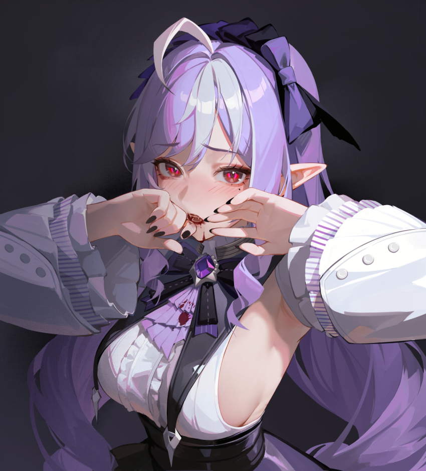 1girl, ahoge, armpits, ascot, black_background, black_bow, black_bowtie, black_corset