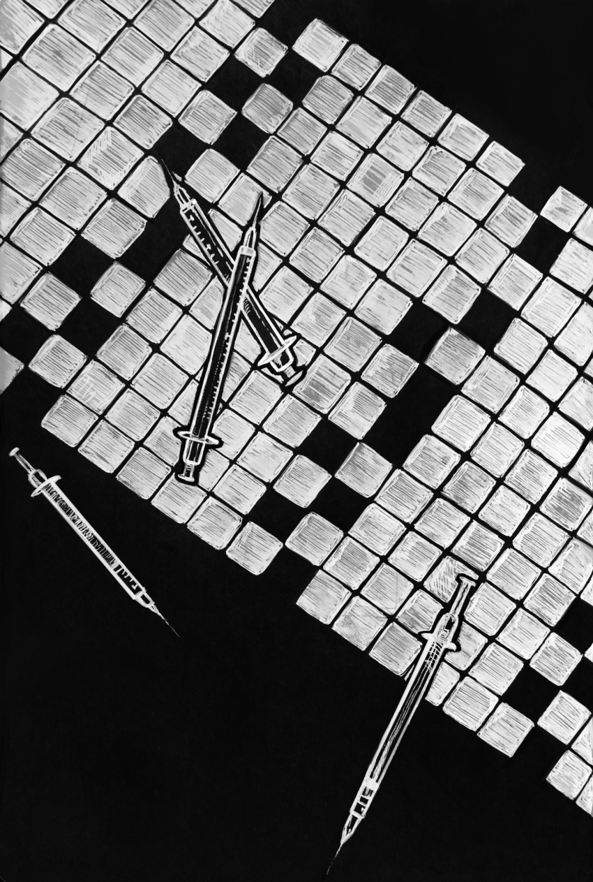 afraid_of_monsters, bathroom, black_background, cellar_art, color_contrast, drugs, from_above, greyscale