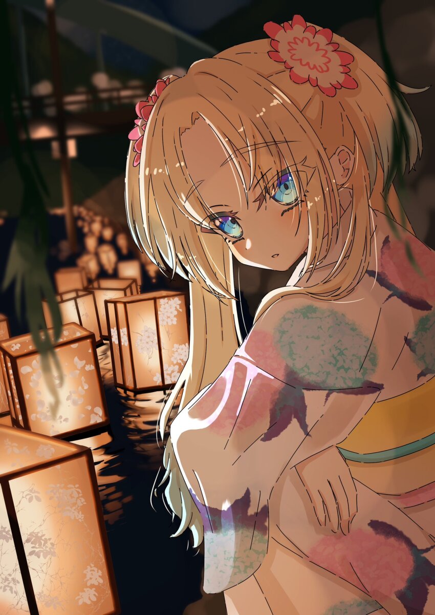 1girl, blue_eyes, blurry, blurry_background, commentary, depth_of_field, floral_print, floral_print_kimono