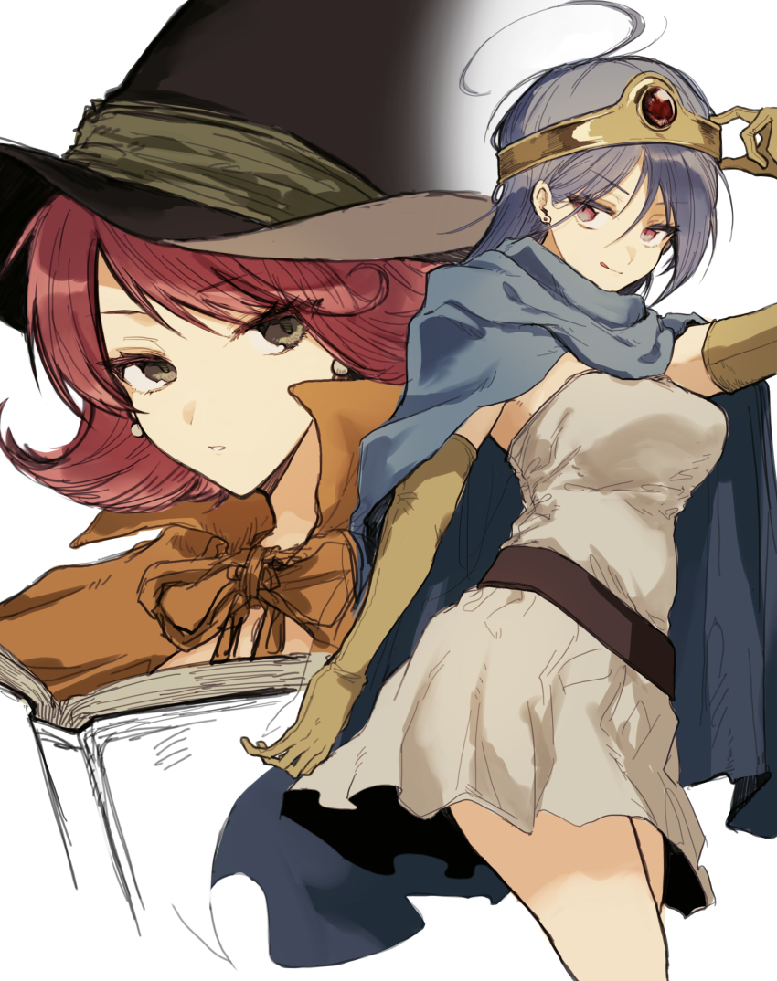 2girls, absurdres, ahoge, aqua_cloak, black_eyes, black_hat, blue_hair, book