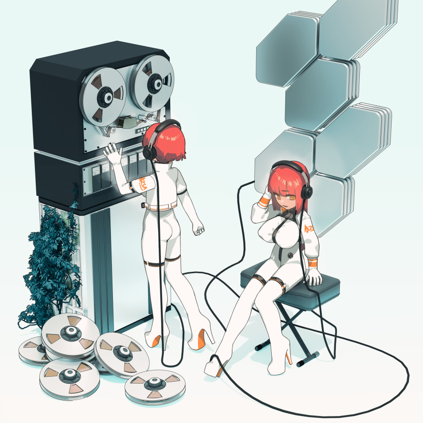 2girls, arm_support, ass, blunt_bangs, bodysuit, breasts, brown_eyes, chikuwa_fan973